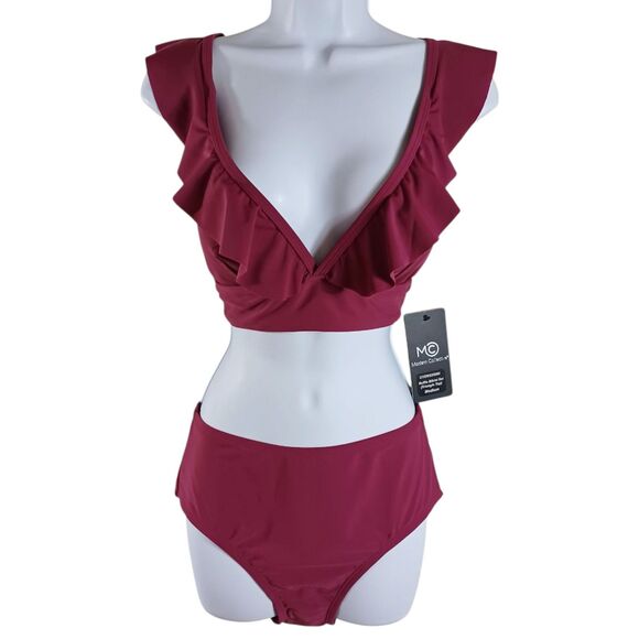 NWT Modern Collective Ruched Ruffle Bikini Set M Wine V-Neck High Waist Swimsuit - Picture 2 of 8